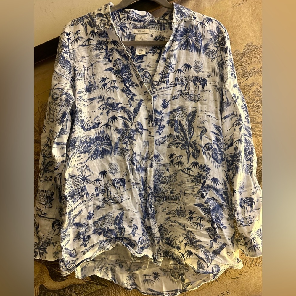 * Joie Tropical Print Linen Button Front Blue White Toile Design SZ Large *